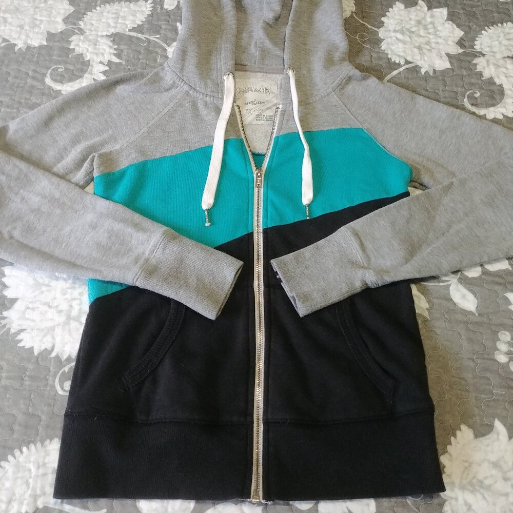 Garage Hoodie, XS , Grey, Aqua & Black ,Draw String, New Condition